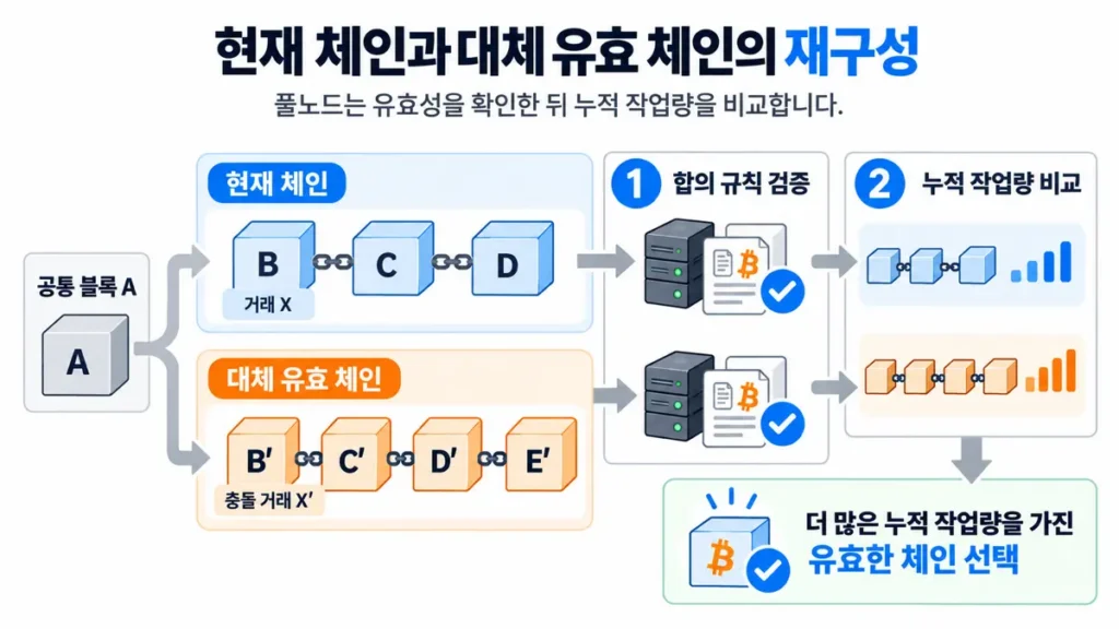현재 체인과 대체 유효 체인의 누적 작업량을 비교해 풀노드가 체인을 선택하는 과정