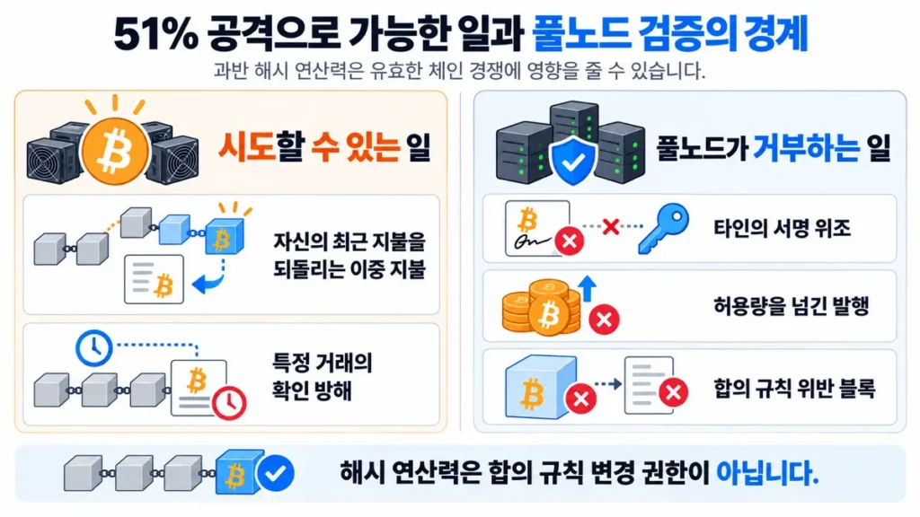 비트코인 51% 공격으로 시도할 수 있는 이중 지불·거래 검열과 풀노드가 거부하는 규칙 위반 비교