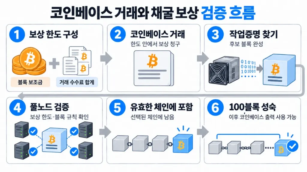 블록 보조금과 거래 수수료를 코인베이스 거래로 청구하고 풀노드 검증과 100블록 성숙을 거치는 흐름