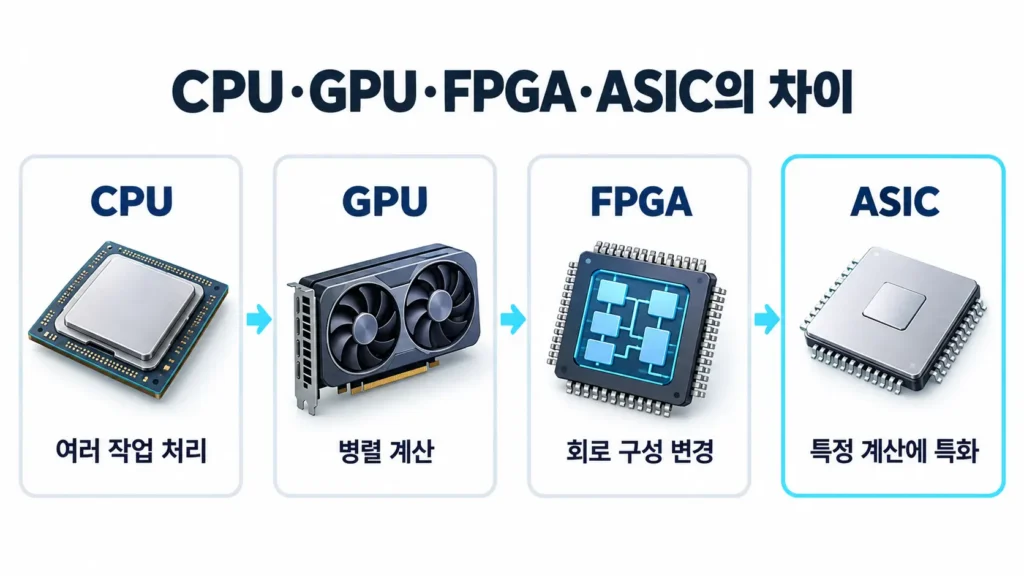 CPU, GPU, FPGA, ASIC의 처리 방식과 용도 차이를 비교한 도식