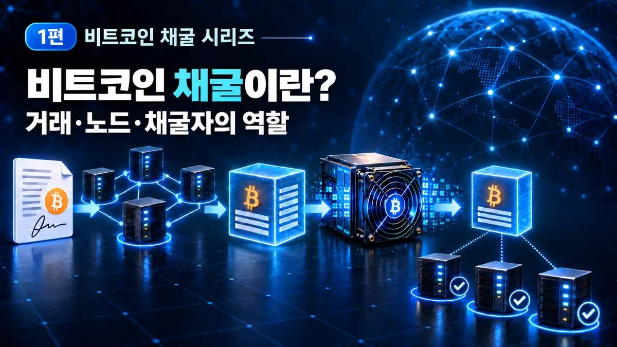 비트코인 채굴 시리즈 1편으로, 거래가 노드 검증과 후보 블록, 채굴 장비의 작업증명을 거쳐 풀노드에서 검증되는 흐름