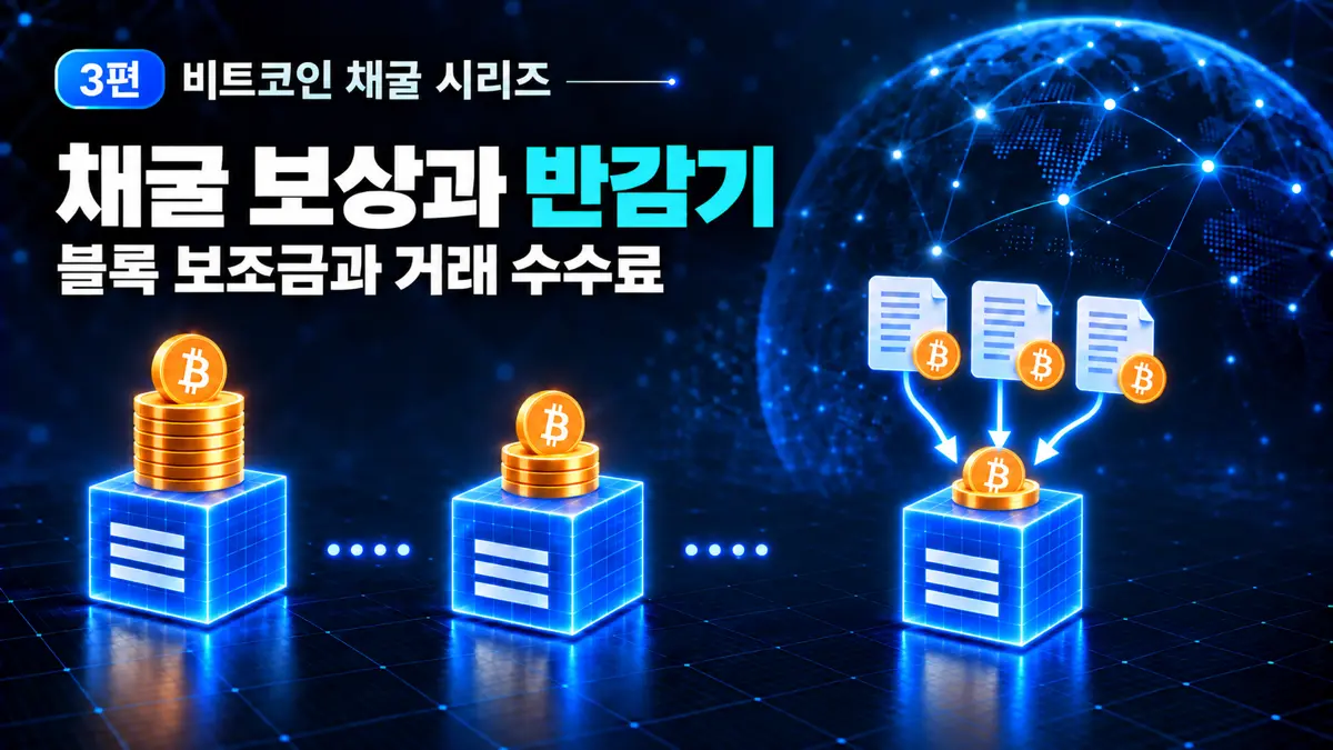 비트코인 채굴 보상이 블록 보조금과 거래 수수료로 구성되고 반감기에 따라 보조금이 줄어드는 모습