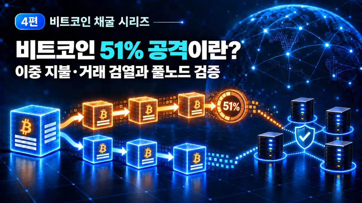 비트코인 51% 공격에서 두 개의 유효한 체인이 경쟁하고 풀노드가 블록을 검증하는 모습