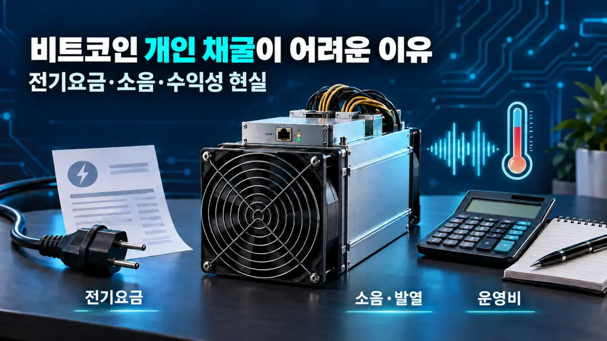 가정용 ASIC 채굴기와 전기요금, 소음·발열, 운영비를 나타내는 아이콘